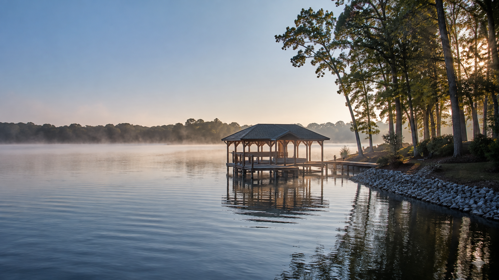 A timber dock and protected shoreline on a quiet Virginia lake